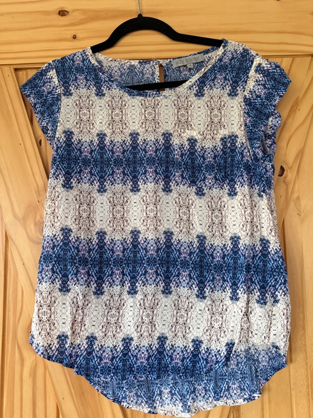 Rose & Thorne Blue and White Printed Lace-Overlay Blouse